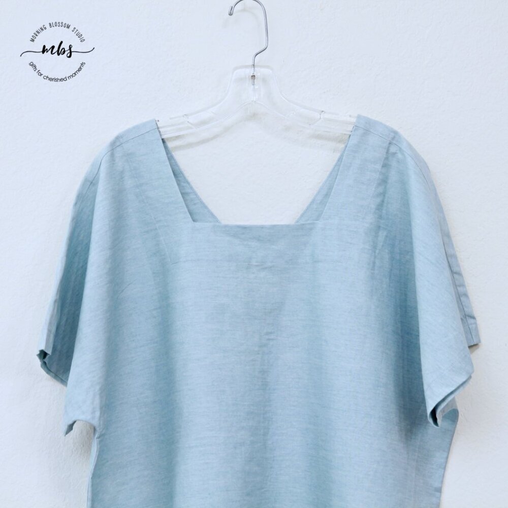 BLQ Square Neck Short Sleeve Hidden Pockets Cotton Mini Dress Blue Women Plus 1‎ - Picture 3 of 9